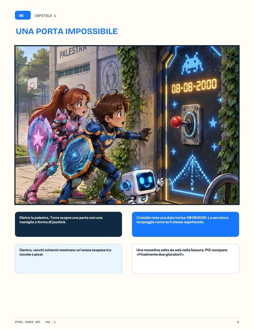 Anteprima di una pagina a fumetti a colori: Torre e Cristalla scoprono una porta impossibile nel libro Pixel Force Art Vol. 1