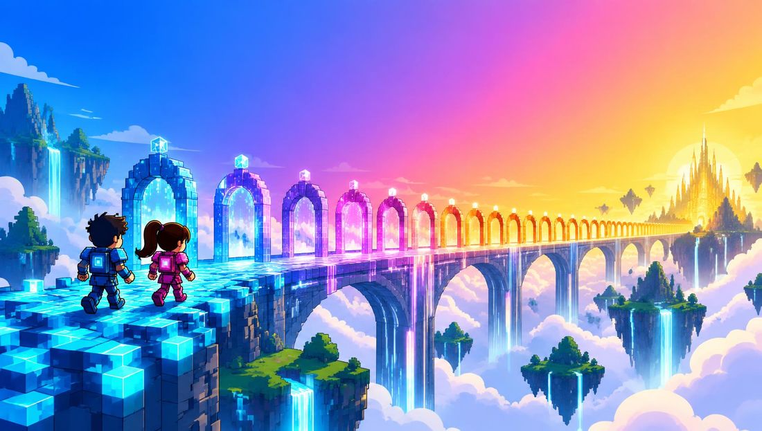 Il lungo Ponte dei Tempi con ventisei portali, illustrazione del libro avventura Pixel Force Art Vol. 1